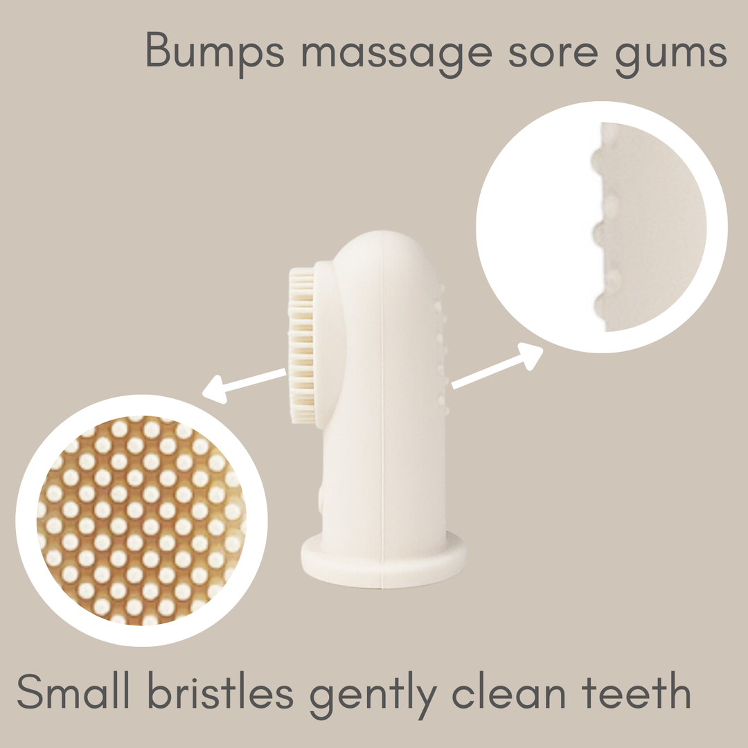 Ali+Oli baby finger toothbrush oral set size guide showing silicone infant toothbrush dimensions and tongue cleaner for baby oral health routine