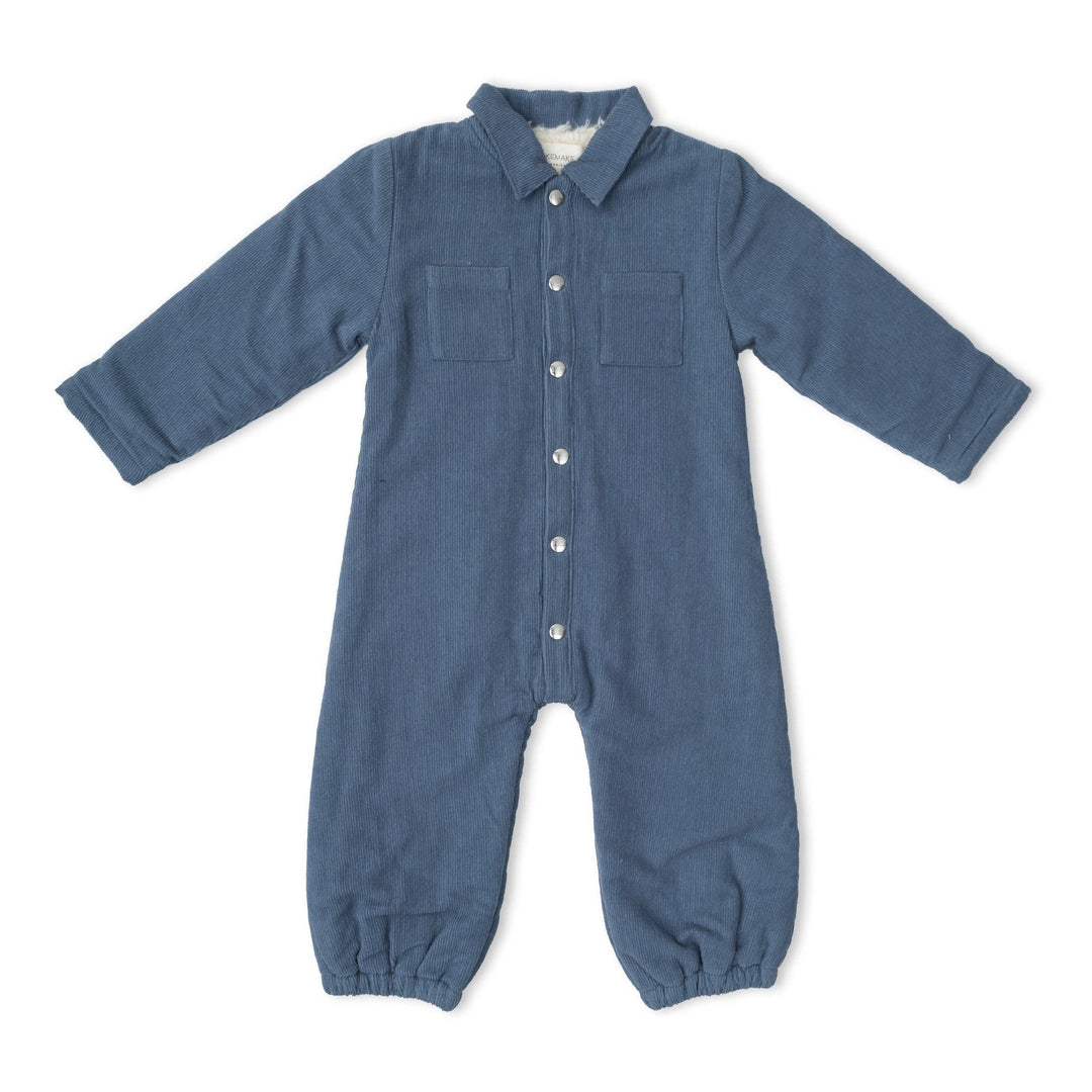 Navy organic corduroy jumpsuit by Makemake Organics, collared snap button baby romper with elastic cuffs