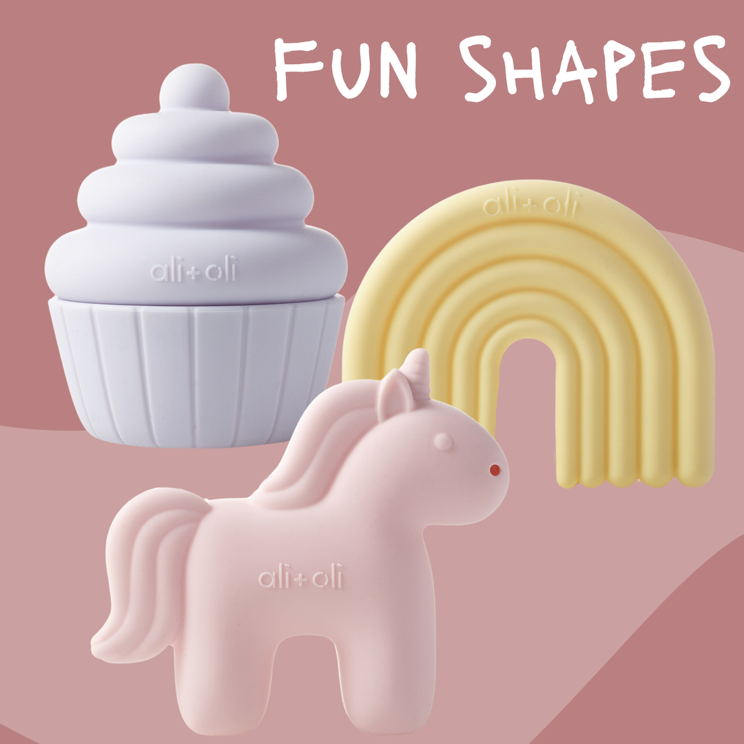 Ali+Oli fun shaped silicone bath toy set unicorn rainbow cupcake pastel baby bath toys designed for sensory development and imaginative play