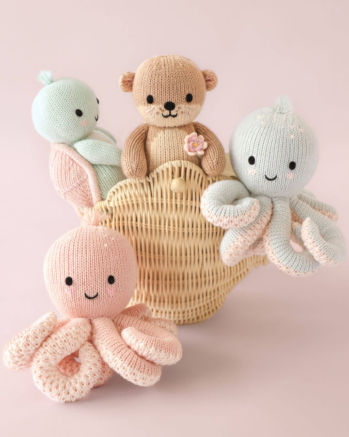 Cuddle + Kind Baby Octopus in Soft Coral Pink 7 inch hand-knit octopus stuffed animal and baby shower gift