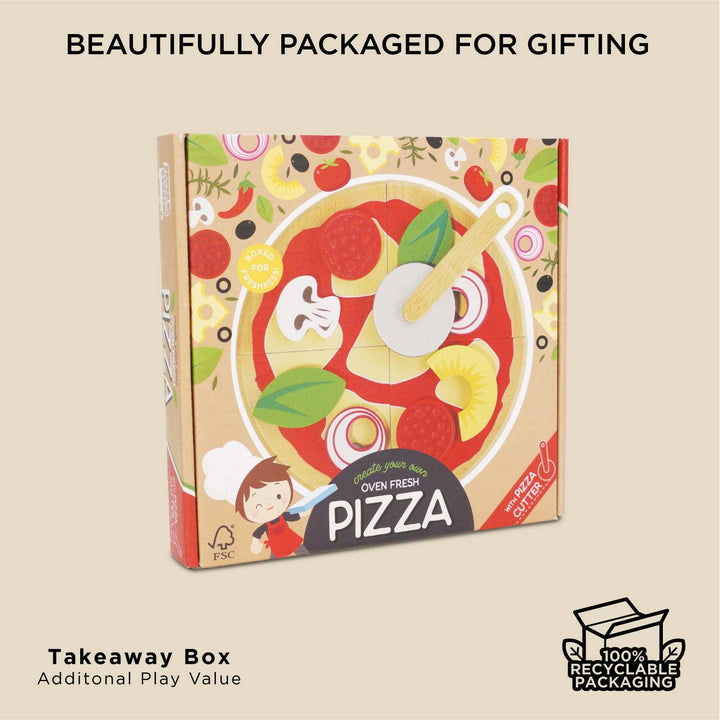 Le Toy Van's Pizza & Toppings set folded into its illustrated takeaway style pizza box