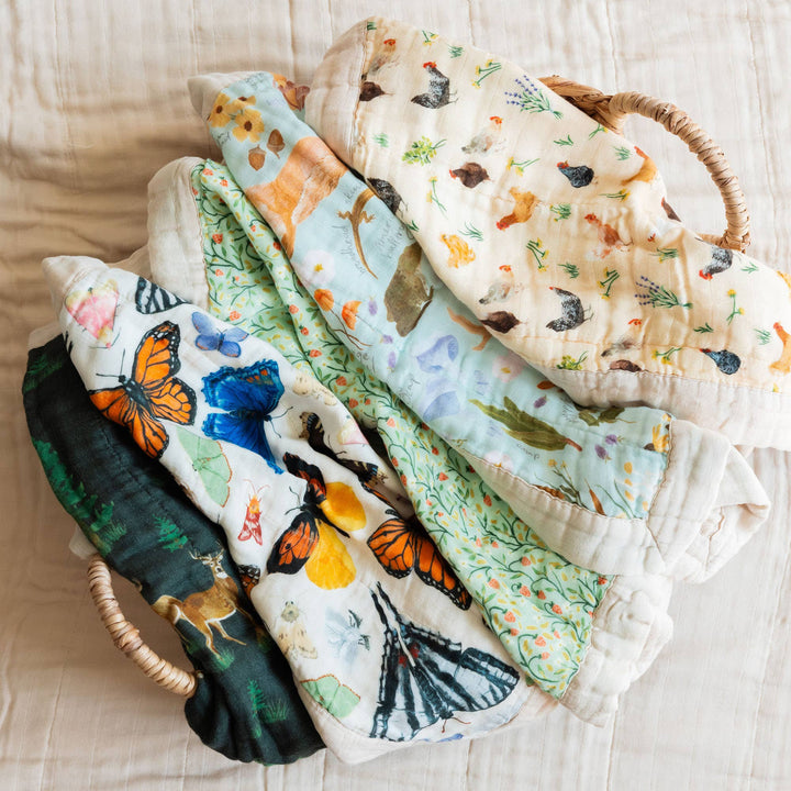 Chicken Meadows muslin baby blanket by 1canoe2 shown with coordinating lovey patterns, soft baby blanket set