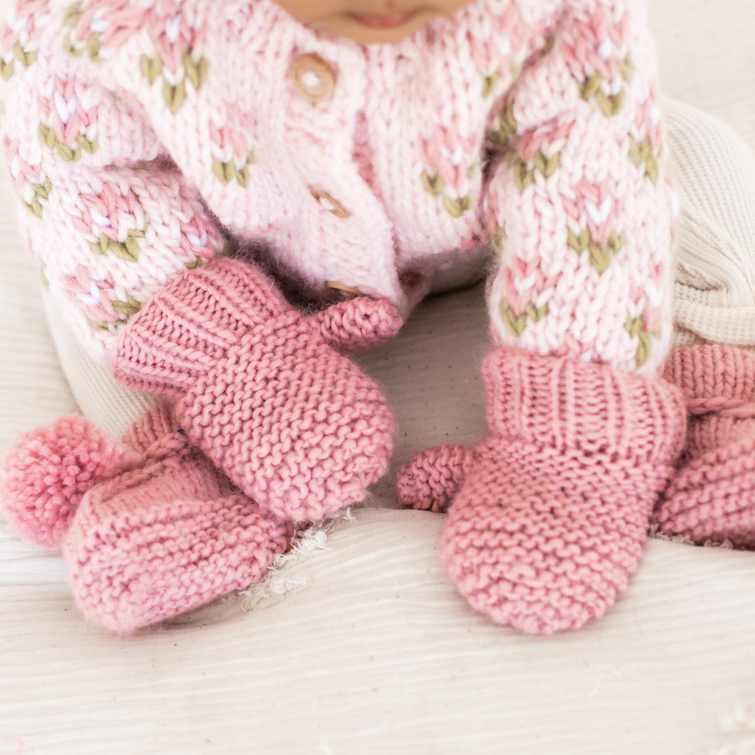 Chilly weather ready, Huggalugs Garter Stitch Mittens Rosy for Toddlers & Kids, snug kids mittens in a rosy shade.