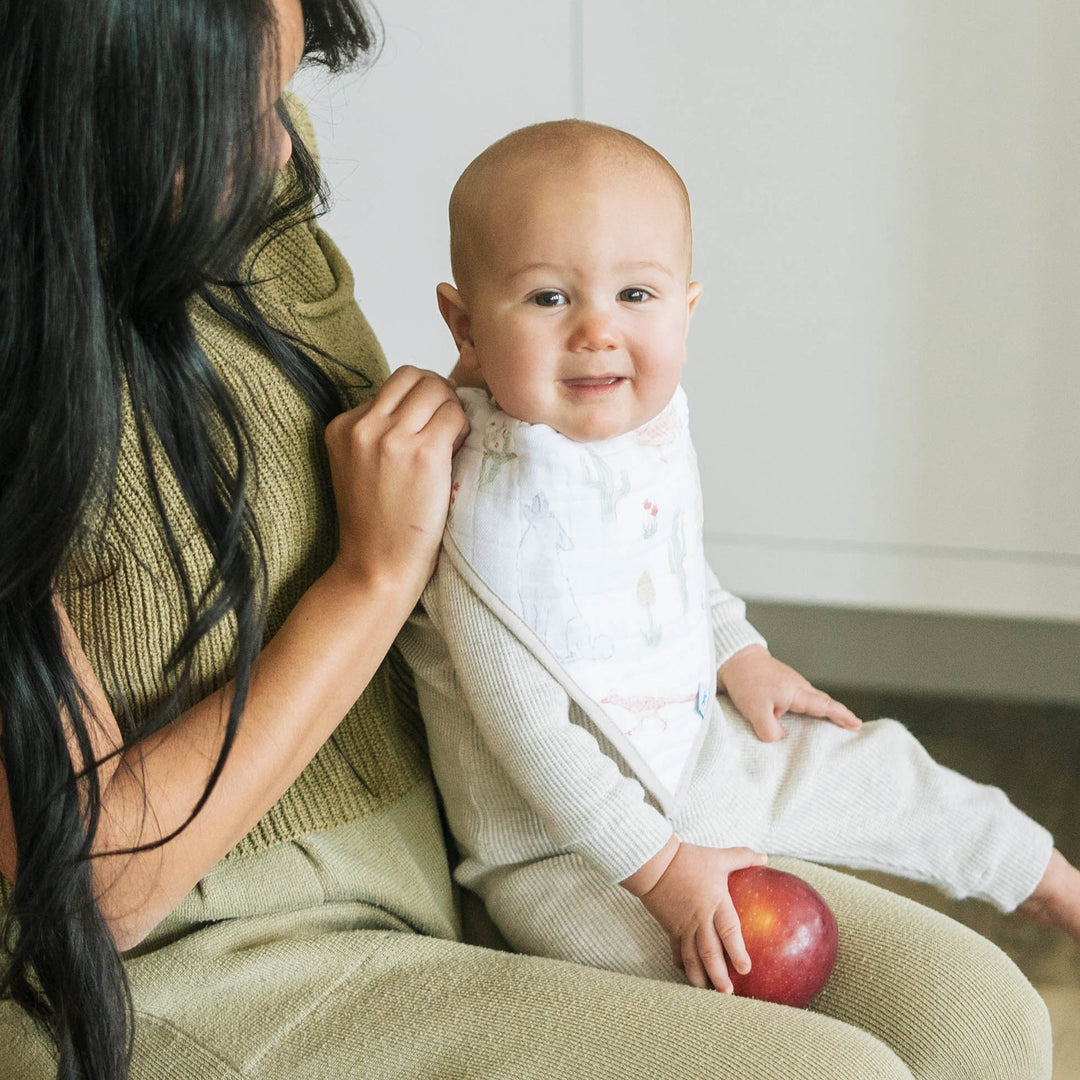 Little Unicorn Cotton Muslin + Fleece Bandana Bib 4 Pack - Adobe Checker styled for modern nurseries, durable bibs for baby.