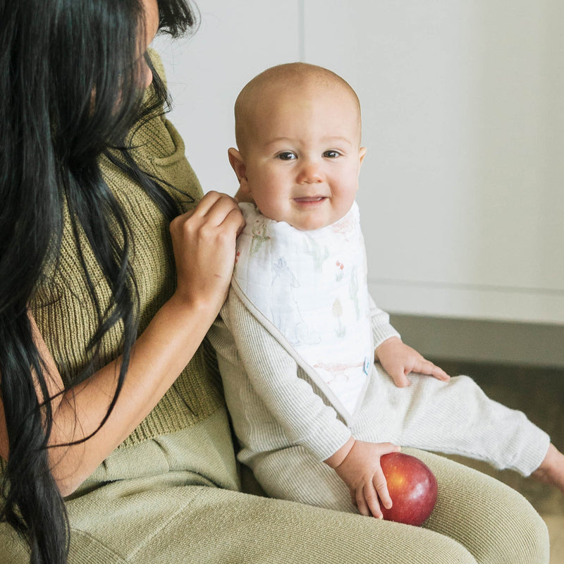 Little Unicorn Cotton Muslin + Fleece Bandana Bib 4 Pack - Adobe Checker styled for modern nurseries, durable bibs for baby.