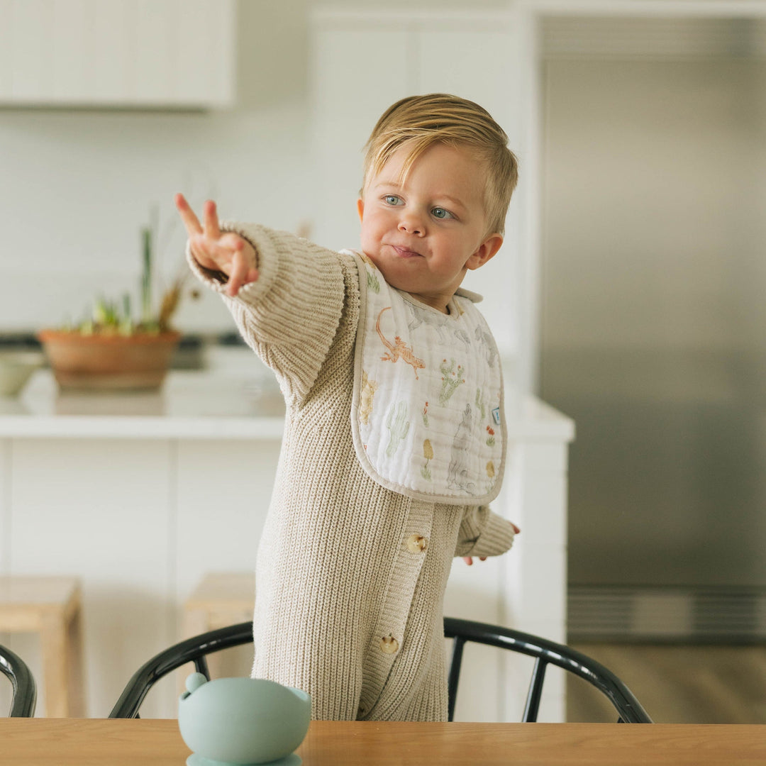 Little Unicorn Cotton Muslin Classic Bib 3 Pack - Adobe Checker styled on neutral background, minimalist bib baby accessory.