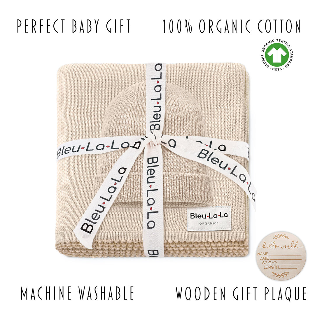 Bleu La La organic cotton luxe blanket and hat gift set tied with ribbon, perfect baby shower gift