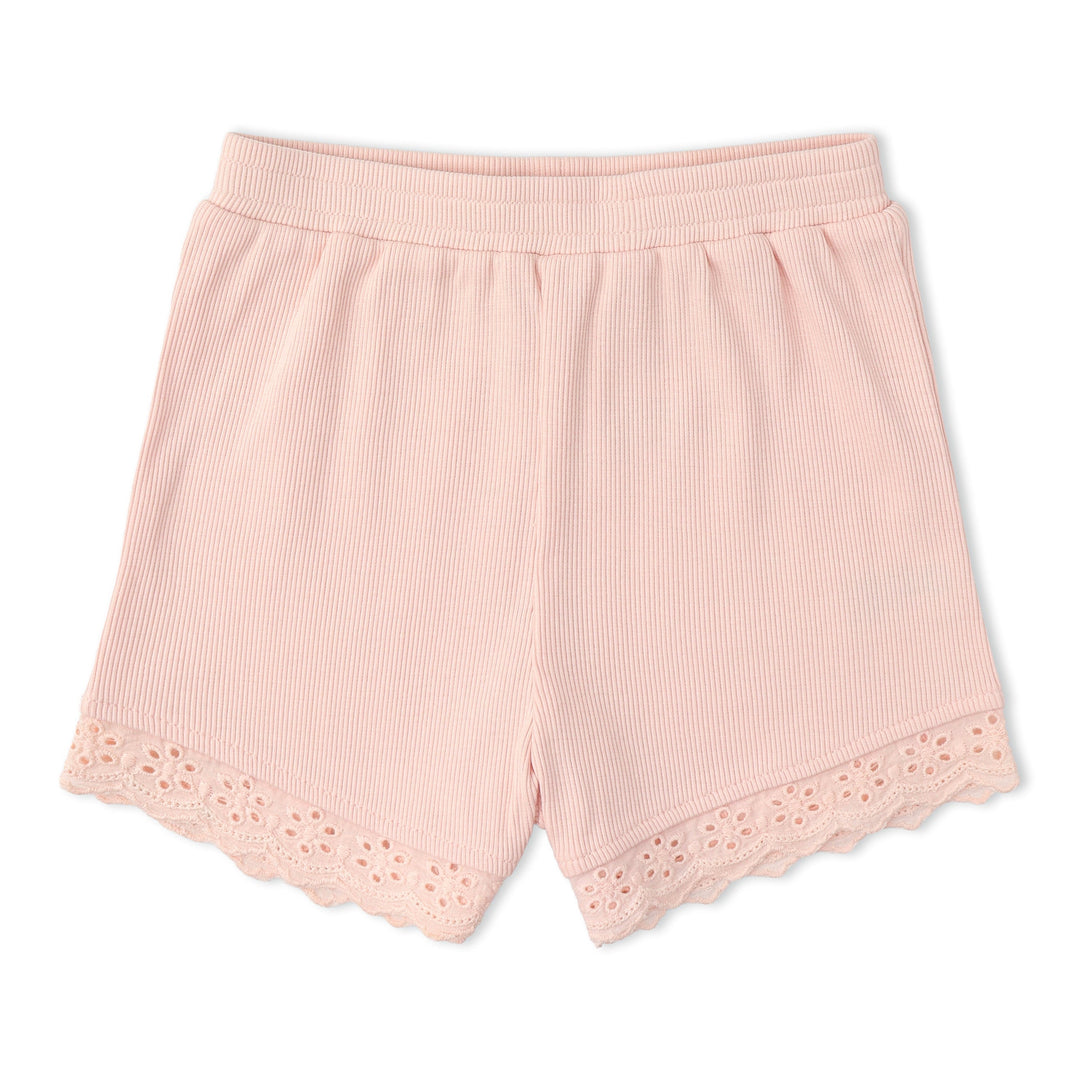 Organic blush ruffle top and shorts set detail - MakeMake Organics mix-and-match toddler outfit