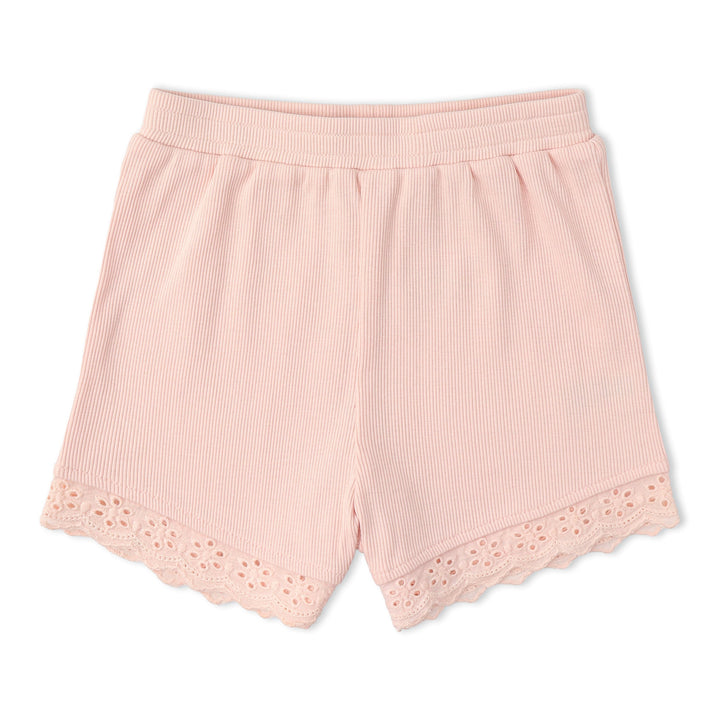 Organic blush ruffle top and shorts set detail - MakeMake Organics mix-and-match toddler outfit