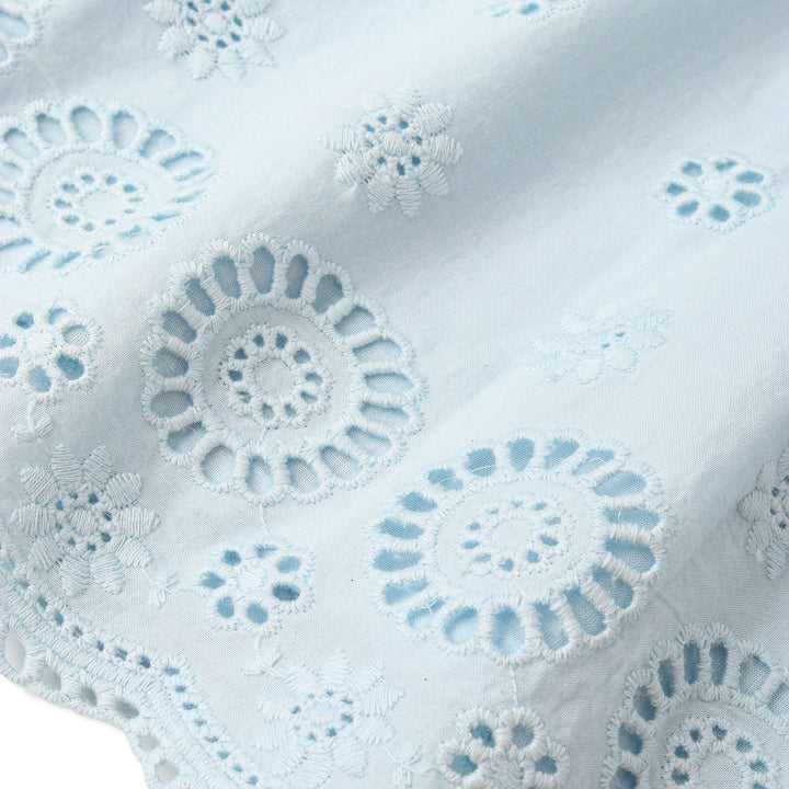 MakeMake Organics Light Blue Eyelet Pant Set lifestyle - breathable organic cotton toddler outfit
