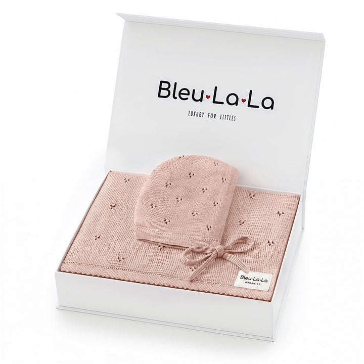 Bleu La La Organic Pointelle Swaddle Blanket + Hat Gift Set in ballet slipper, boxed and folded with ribbon for baby shower gifting.