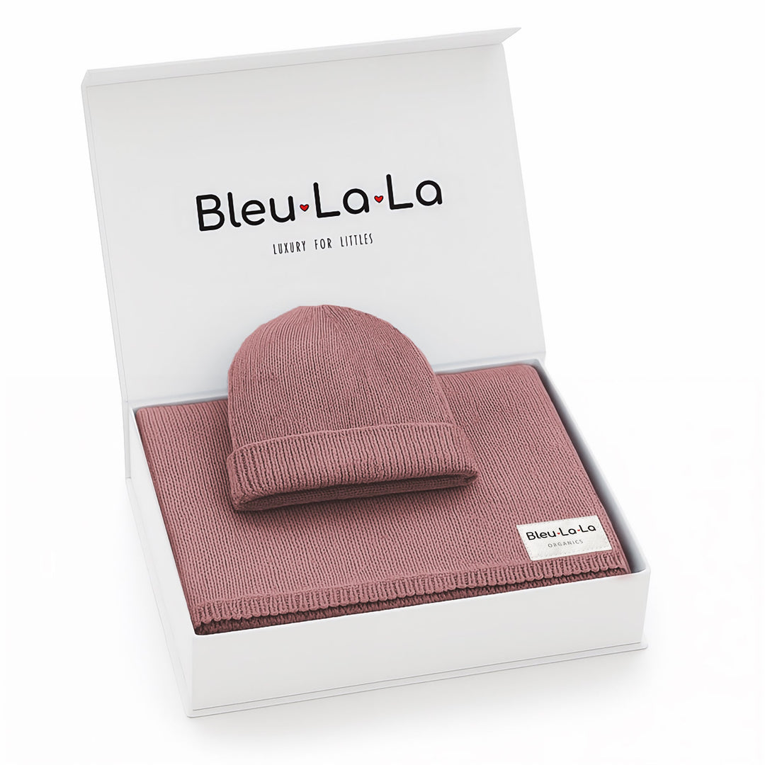 Bleu La La mauve organic cotton knit baby blanket and hat set boxed, soft luxe newborn gift