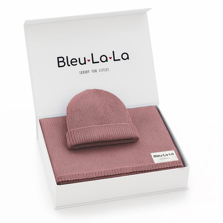 Bleu La La mauve organic cotton knit baby blanket and hat set boxed, soft luxe newborn gift