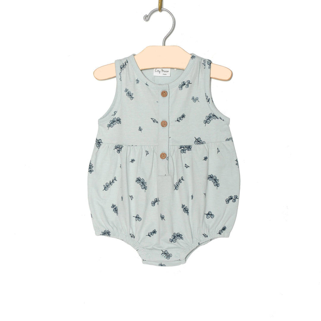 City Mouse Studio Button Front Romper Eucalyptus - botanical print baby one-piece soft cotton spring romper