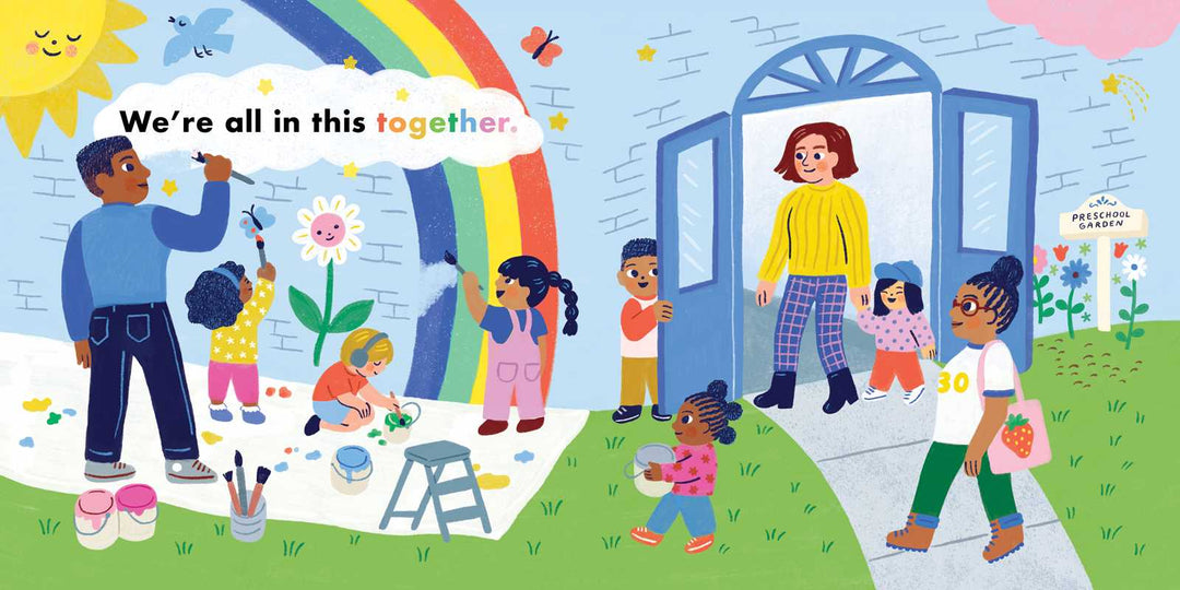 We're All in This Together board book spread showing kids playing at the park, a Simon & Schuster book for kids
