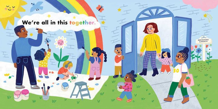 We're All in This Together board book spread showing kids playing at the park, a Simon & Schuster book for kids