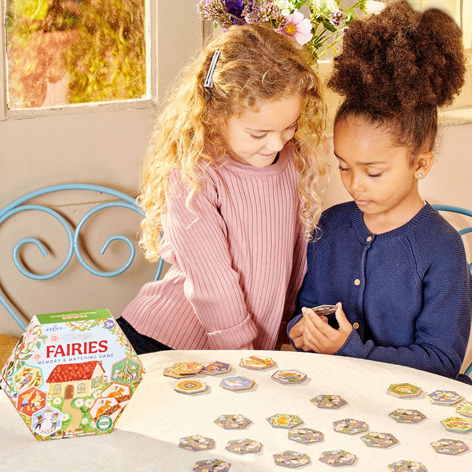 eeBoo Cottage Fairies memory game hexagonal box open showing shaped illustrated game tiles