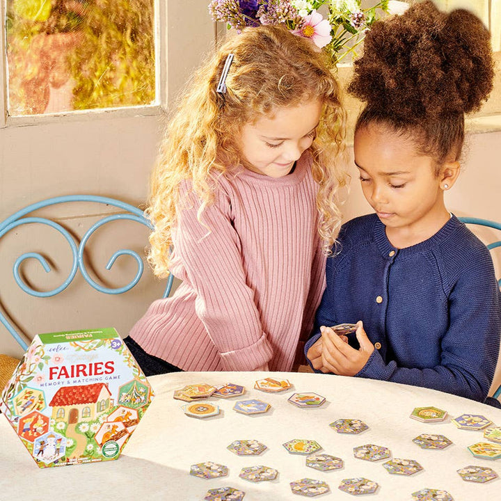 eeBoo Cottage Fairies memory game hexagonal box open showing shaped illustrated game tiles