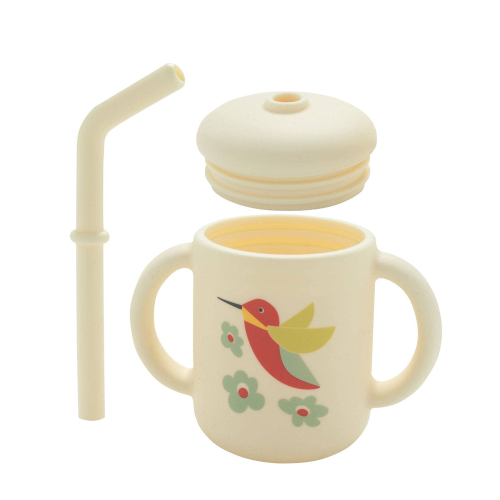 sugar bugger white sippy cup with red humming bird, straw, and mint fllower pattern 
