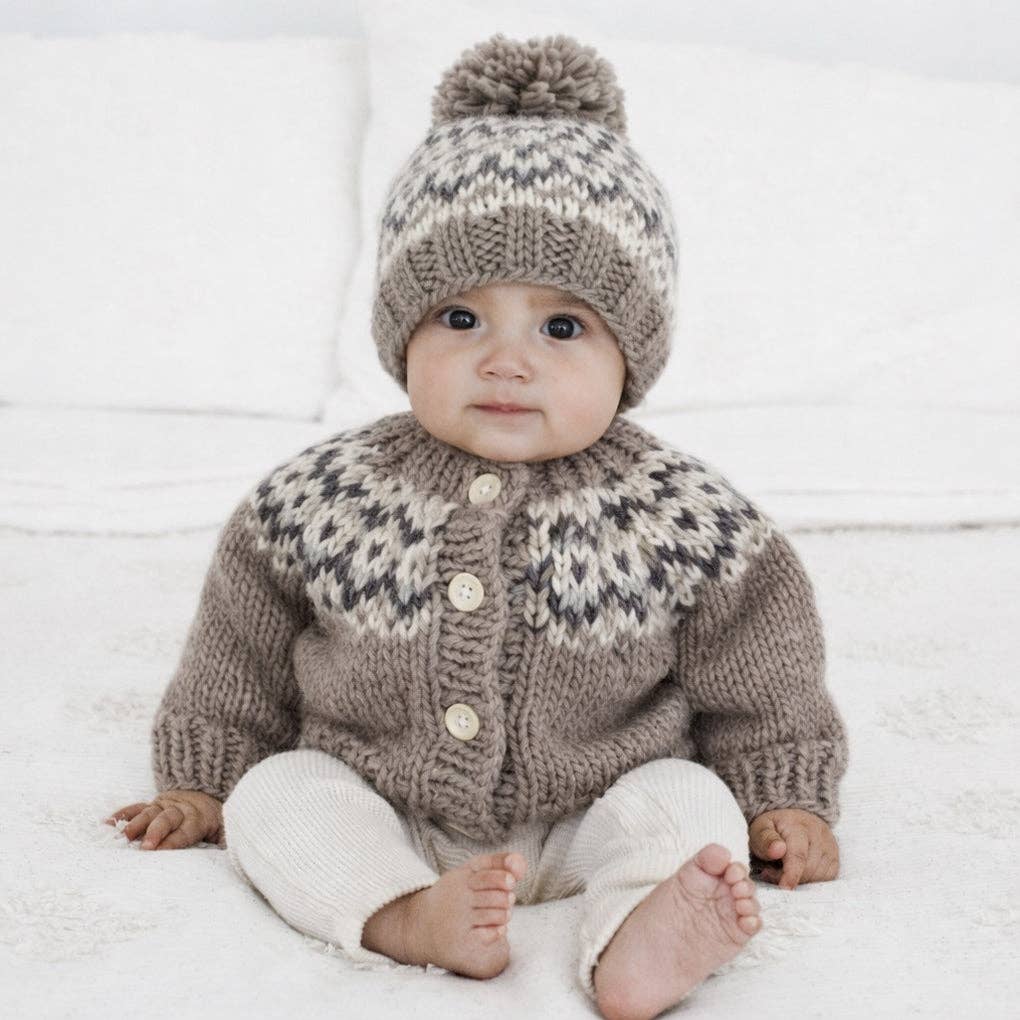 Fairisle Pebble cardigan and matching beanie by Huggalugs, hand knit baby sweater set