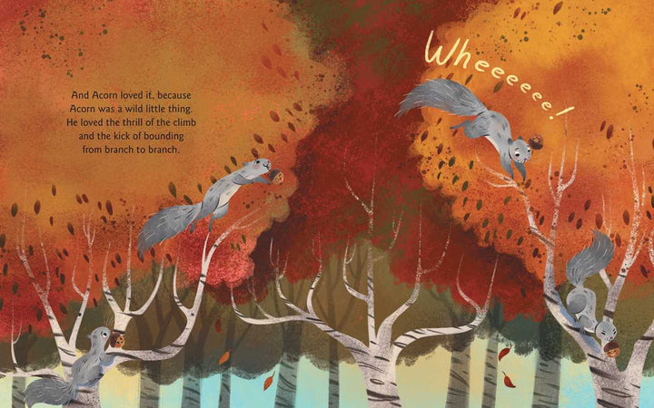 Autumn forest scene from Acorn Was a Little Wild hardcover, a popular kids book by Simon & Schuster