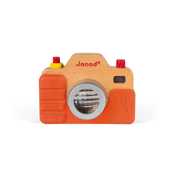 wooden pretend camera by janod with working light and buttons