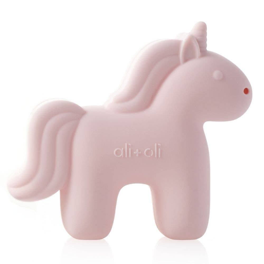Ali+Oli unicorn silicone squirt bath toy pastel pink baby bath toy designed for sensory play and safe water bath fun
