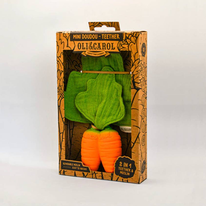 Oil & Carol Cathy the Carrot mini doudou teether in packaging, baby teething toy gift for infants and sensory play
