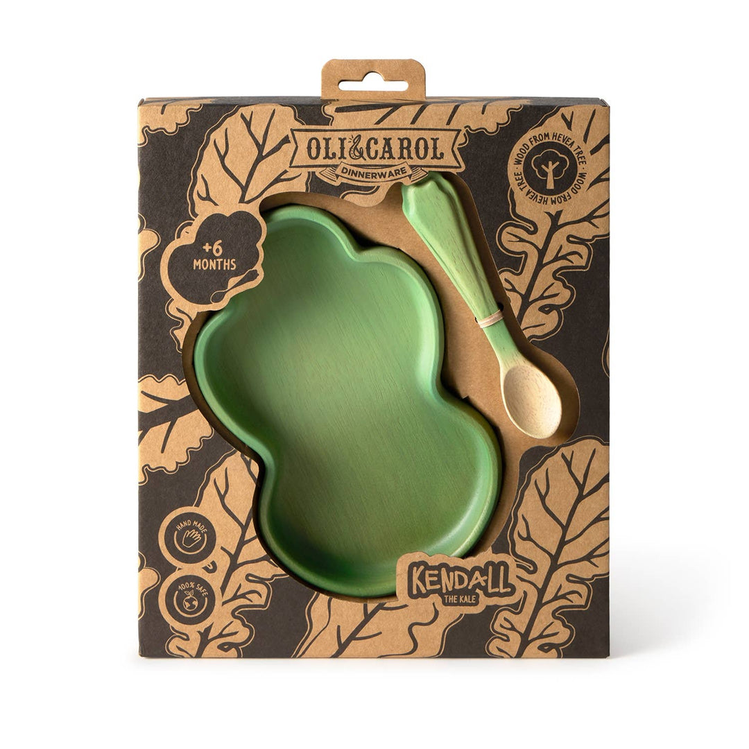 Kendall the Kale Plate & Spoon Set displayed inside its illustrated gift box packaging