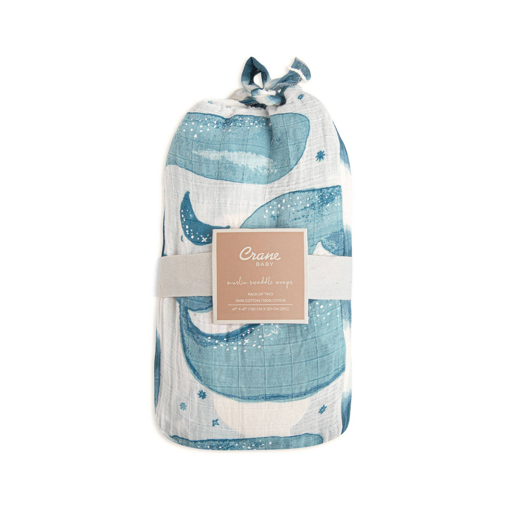 blue whale patterned two organic cotton crane baby swaddle set 