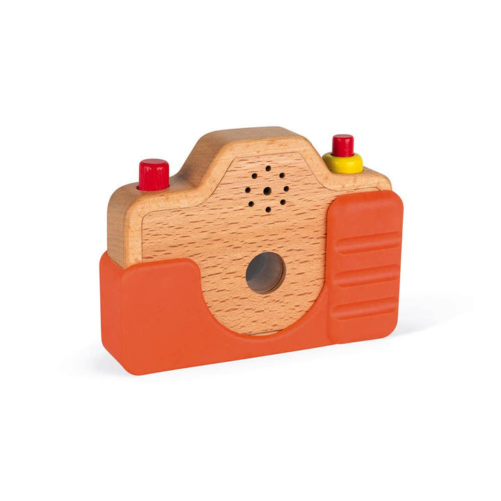 back of Janod wooden toy pretend play camera for children, showcasing small speaker and viewfinder