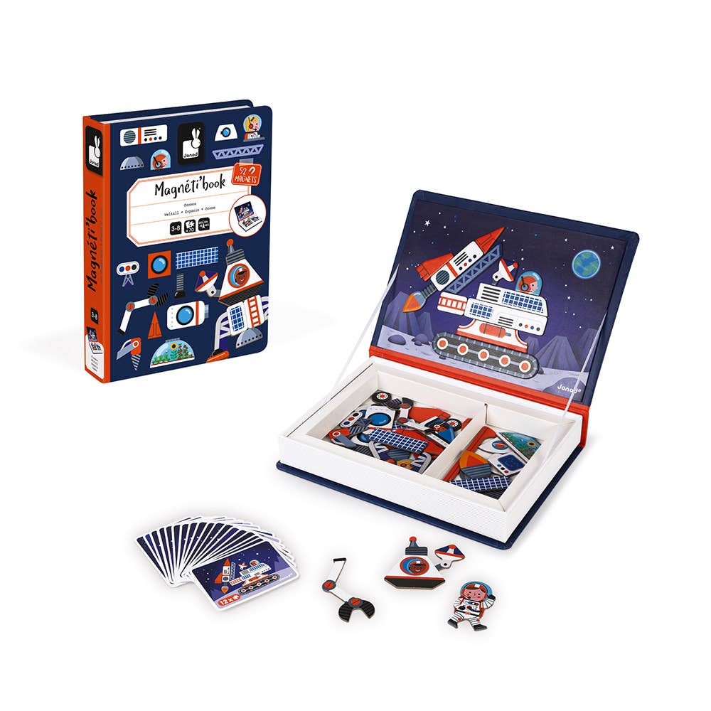 Janod Magneti'book Cosmos magnetic toys travel set shown open with space cards and magnets