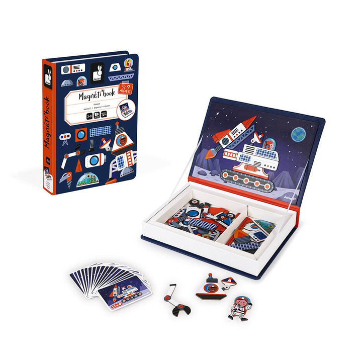 Janod Magneti'book Cosmos magnetic toys travel set shown open with space cards and magnets