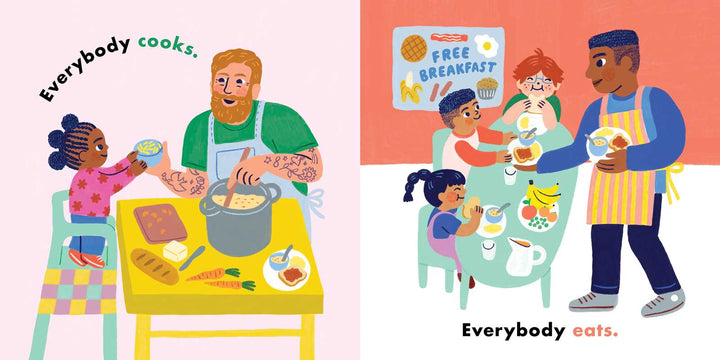Simon & Schuster We're All in This Together board book spread of kids cooking and sharing a meal