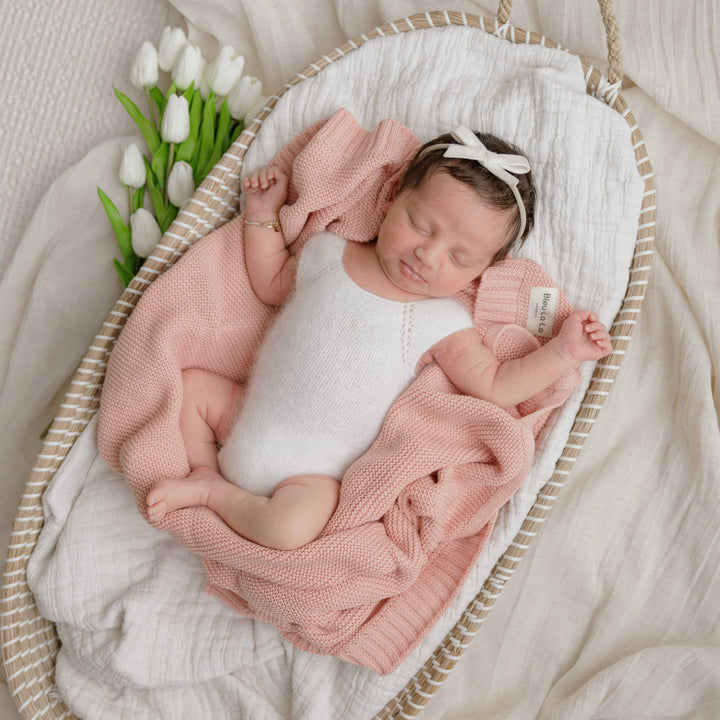 Heritage Knit 100% Organic Cotton Swaddle and Receiving Baby Blanket by Bleu La La in Blush Pink