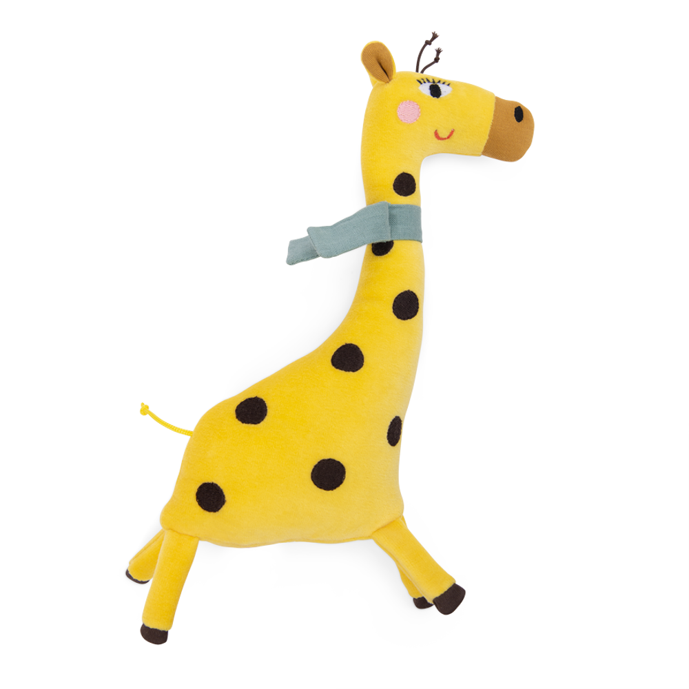 Moulin Roty Giraffe Rattle The Toupitis Plush giraffe toy with a blue scarf 