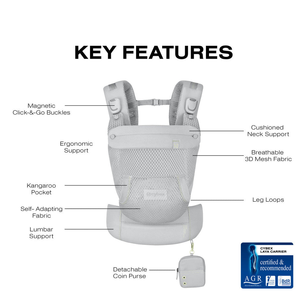 Cybex Laya Carrier Fog Grey lifestyle – parent carrying newborn in ergonomic front-inward position