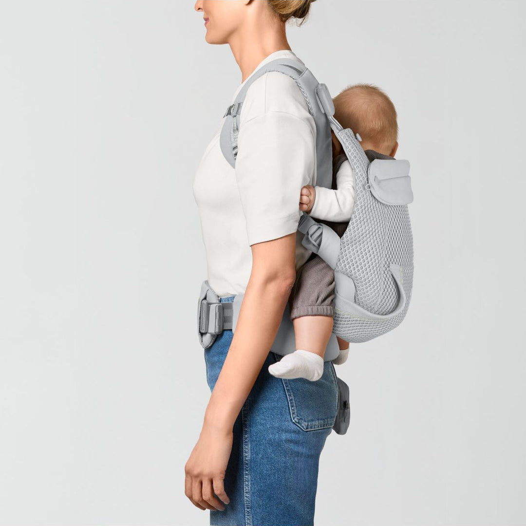Cybex Laya Fog Grey flat lay – soft structured ergonomic carrier unfolded showing full construction