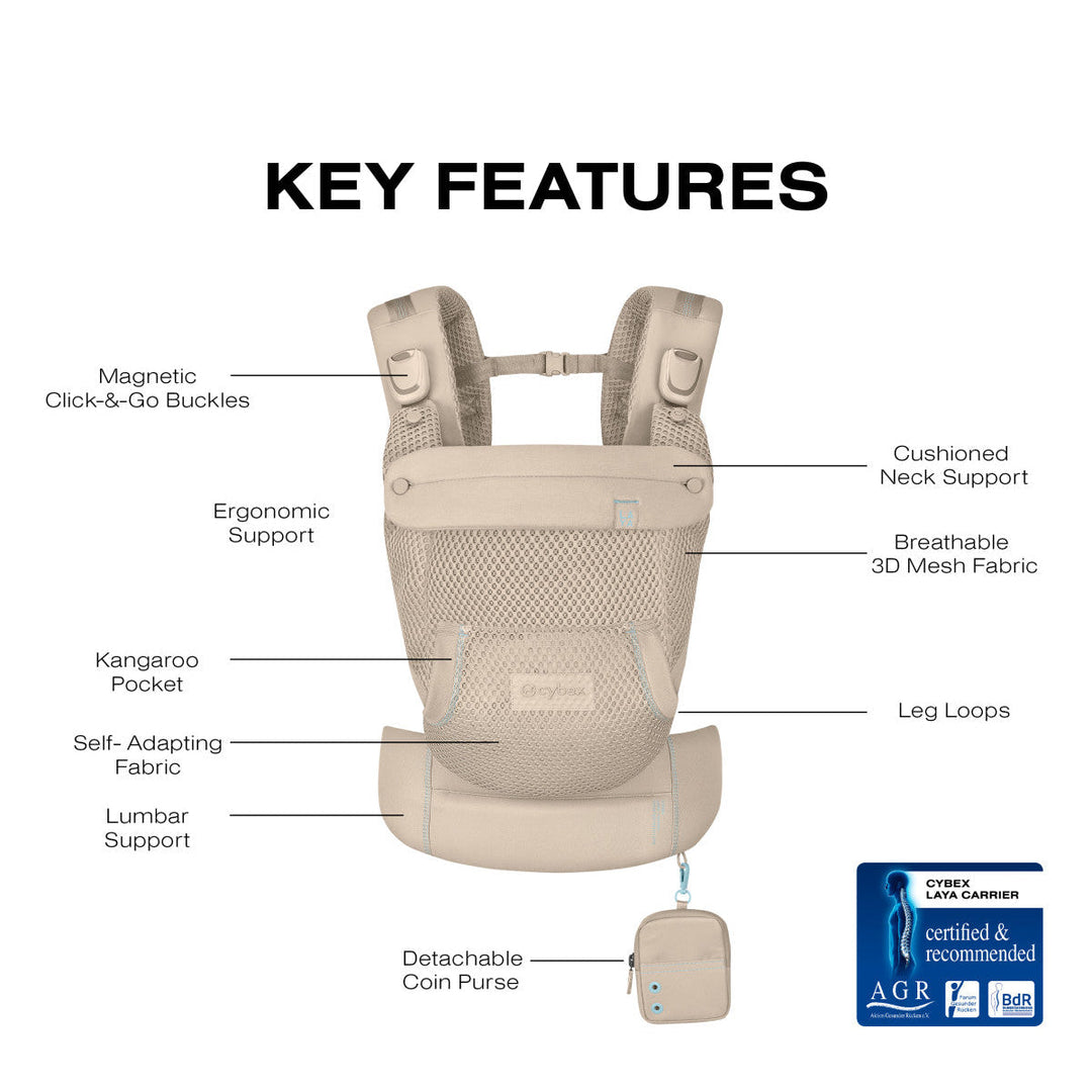 Cybex Laya Carrier Almond Beige lifestyle – parent carrying newborn in ergonomic front-inward position