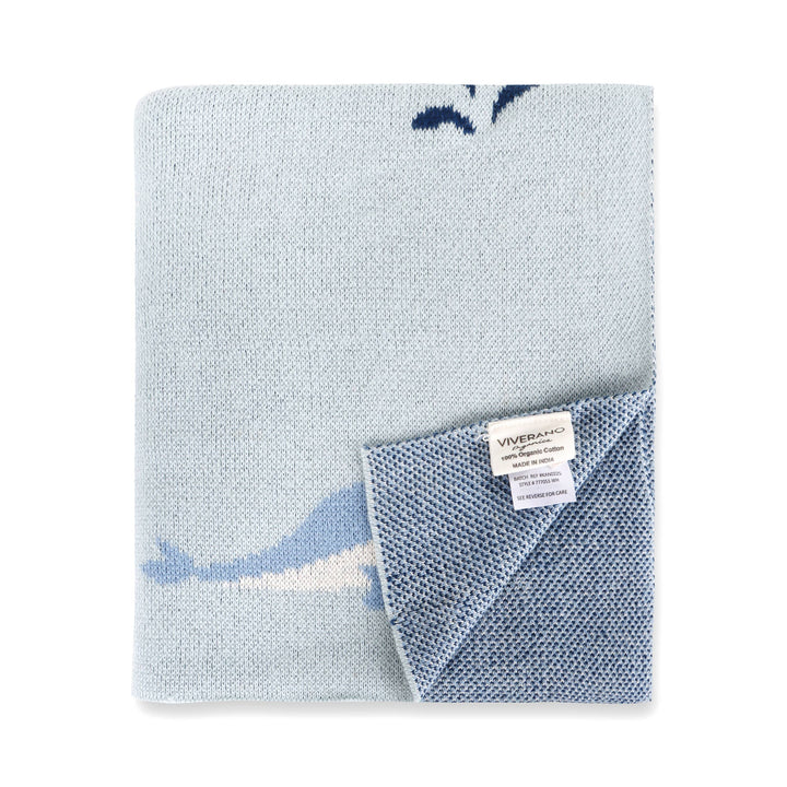 Viverano Organics Whales Knitted Baby Blanket, a plush baby boy blanket for comfort and cuddle time.