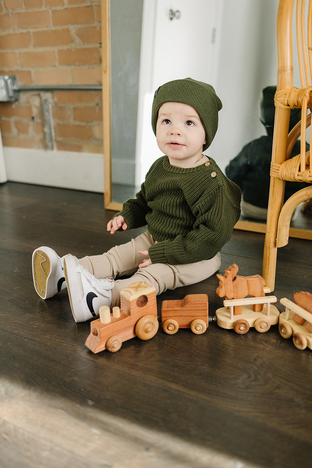 Shop baby leggings at Mebie Baby today, the Oatmeal Organic Leggings shown up close to highlight the soft fabric.