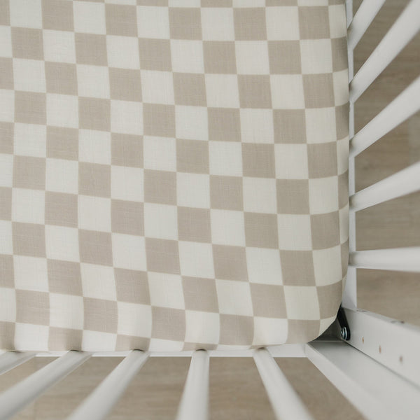 Mebie Baby Taupe Checkered Muslin Crib Sheet in taupe, soft crib fitted sheet