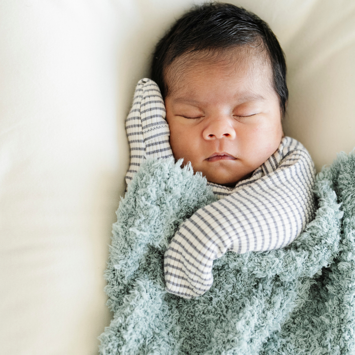 The Surf Saranoni Ribbed BAMBONI¨ Mini Blanket offers light warmth and rich texture, ranking high among best baby blankets.