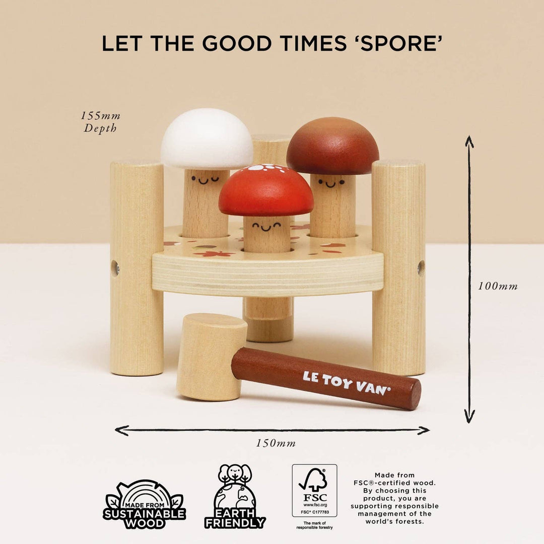 A diagram noting height and width alongside FSC certification marks for the Le Toy Van Mushroom Hammer Game