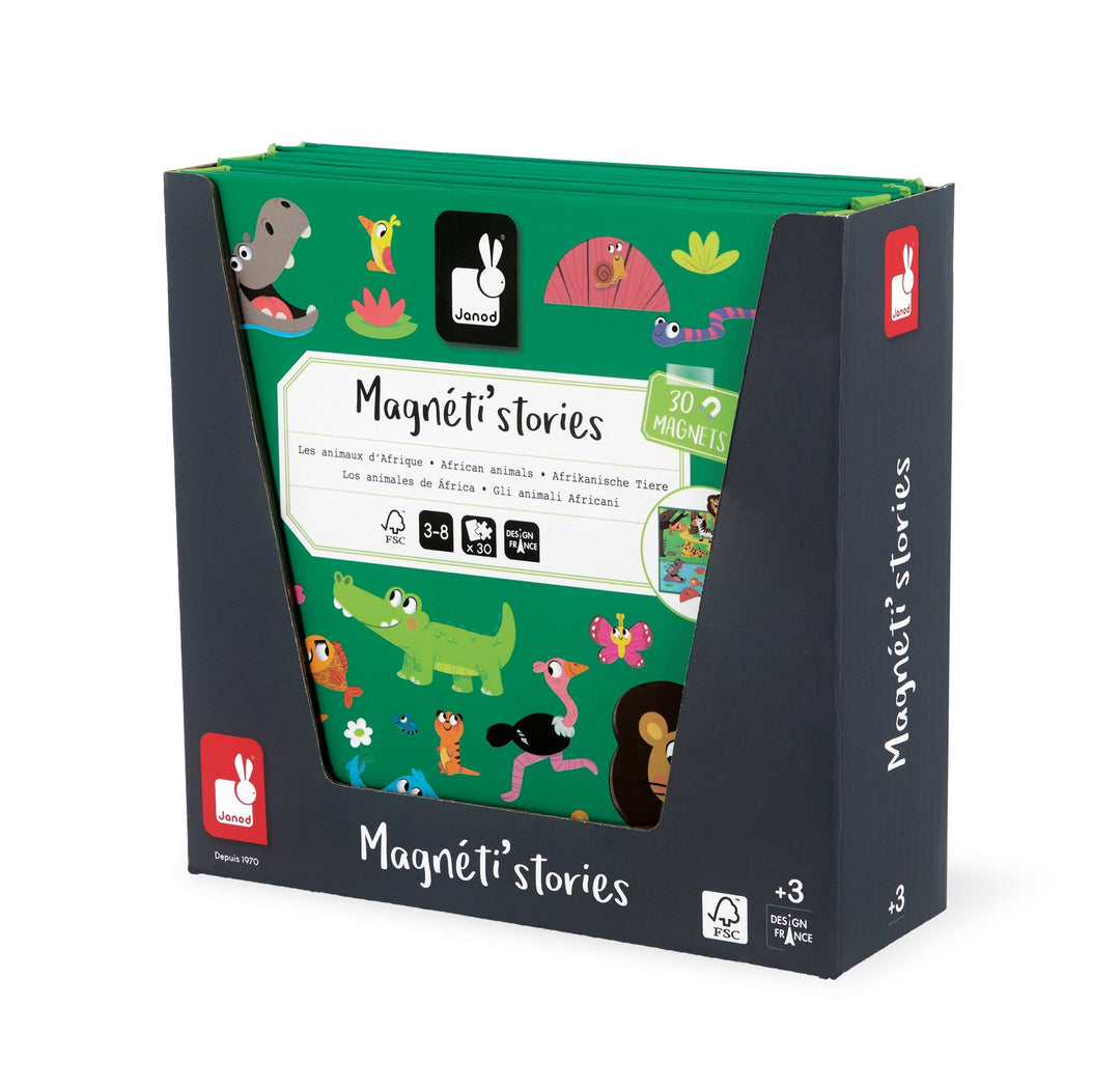 Magnetic play set back-of-box for Janod's African Animals wildlife toy, showing age range and pieces