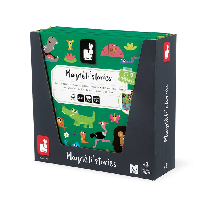 Magnetic play set back-of-box for Janod's African Animals wildlife toy, showing age range and pieces