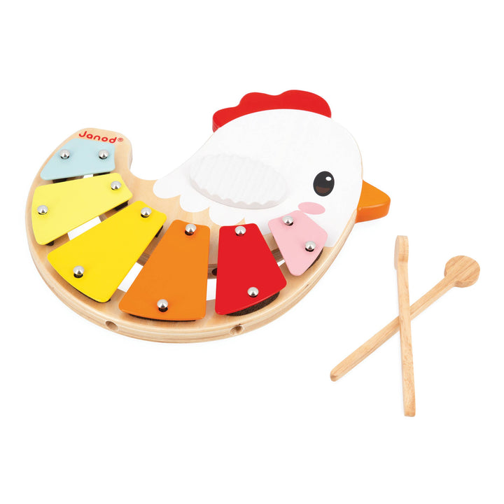 Drumsticks stored inside Janod Farm Chicken Xylophone hen legs