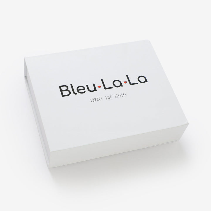 Bleu La La gift box closed, luxe organic cotton blanket and hat set packaging