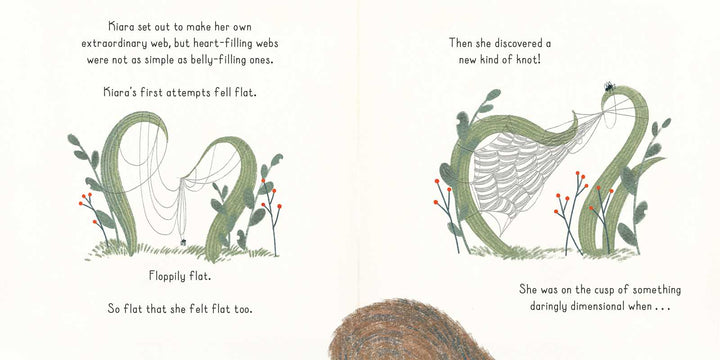 Simon & Schuster I Worked Hard on That! hardcover spread showing webs strung between bare branches