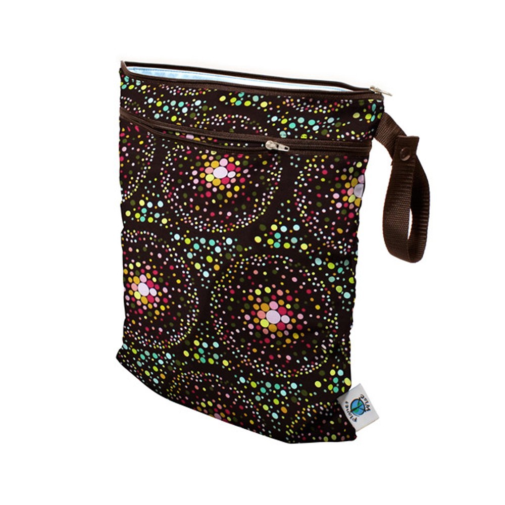 Planet Wise Medium Wet/Dry Bag in Outer Space, brown cloth diaper bag with colorful dot bursts, zip pocket and snap handle